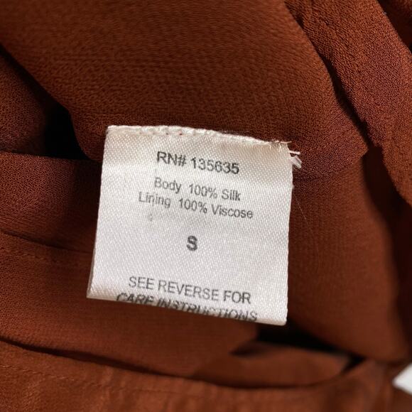 LOVE SAM Blixen Smocked Dress  Sz S 100% Silk Cognac Brown Ruffles Boho Cowgirl - Picture 13 of 14